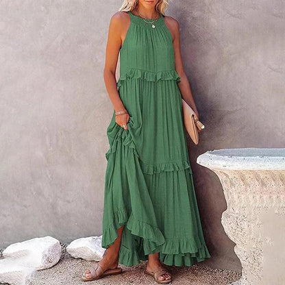 Women Casual Solid Ruffles Long Dress - Empire P.E