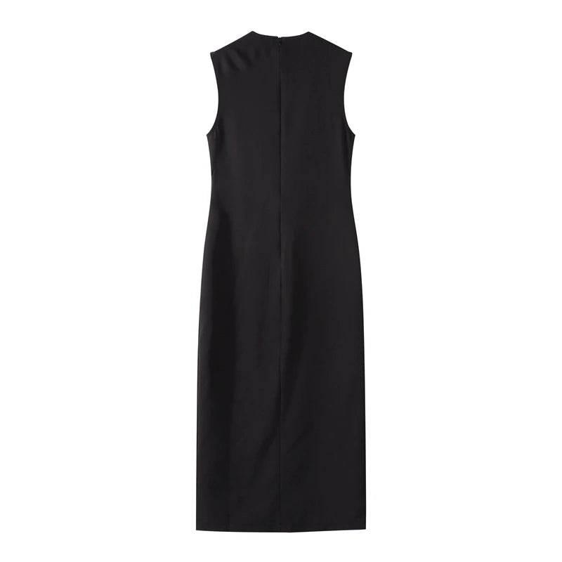 Black Long Dress Women With Belt Elegant Slim Single Breasted Sleeveless Front Split Dresses Female 2025 New Summer Lady Vestido - Empire P.E