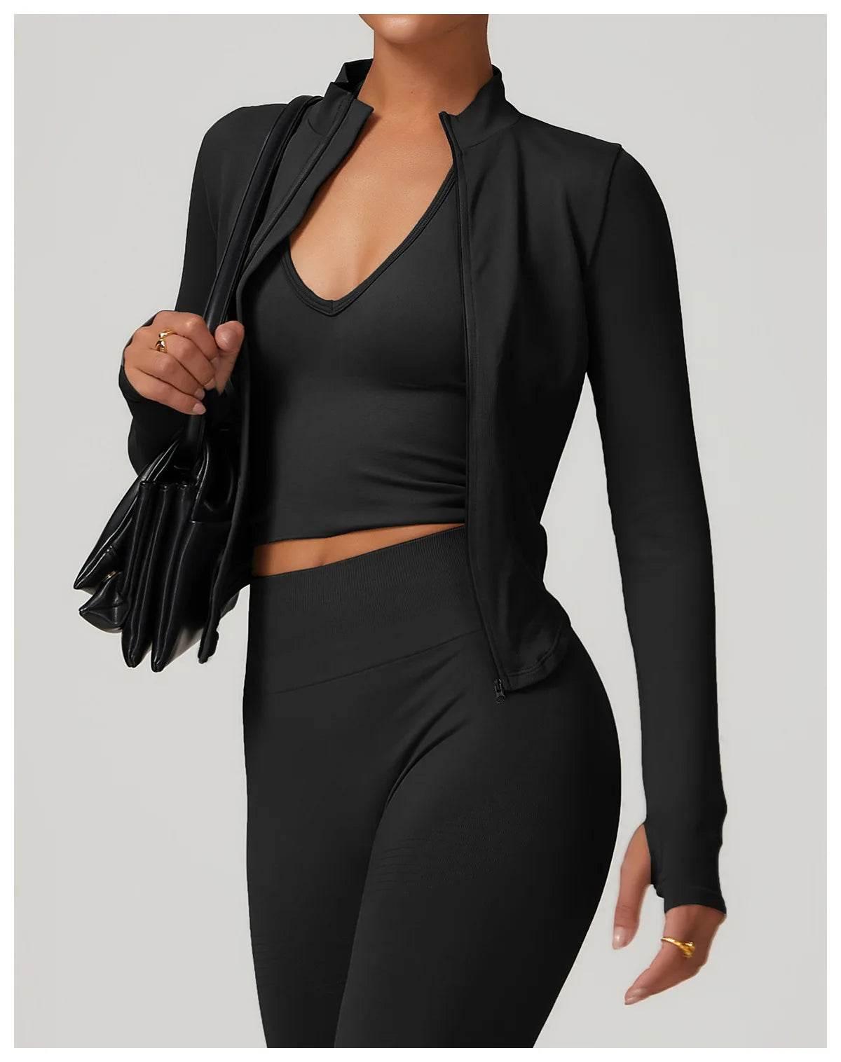 Women Seamless Zipper Jacket Yoga Long Sleeved Gym Top Ribbed Yoga Stand Collar Jacket Running Workout Sport Coat Women's Shirts - Empire P.E