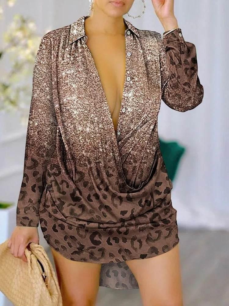 Print Long Sleeve Shirt Dress - Empire P.E