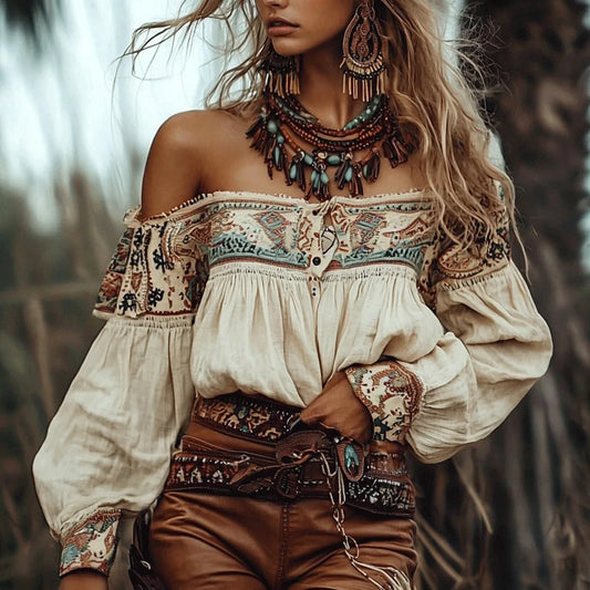 Off Shoulder Blouse with Ethnic Style Print - Empire P.E