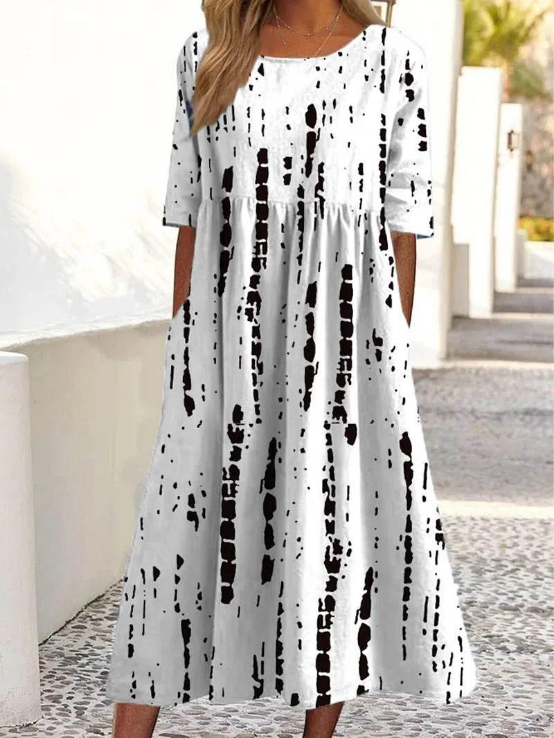 2024 women's fashion loose floral print round neck short sleeve pocket dress - Empire P.E