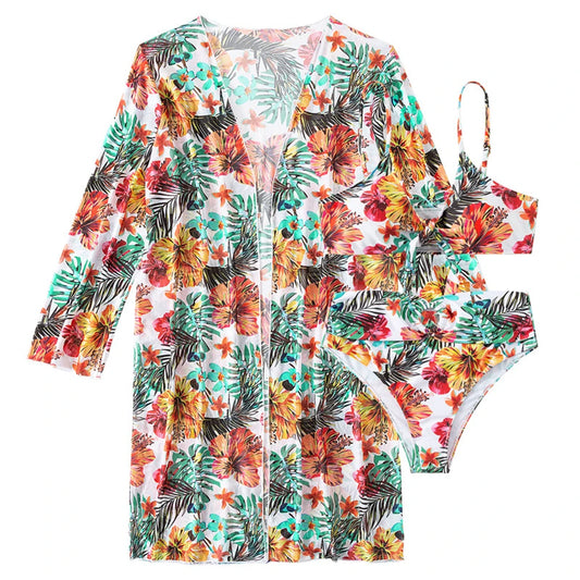 2025 Women's Sexy High Waist Bikini 3 Pieces Floral Print Swimsuit