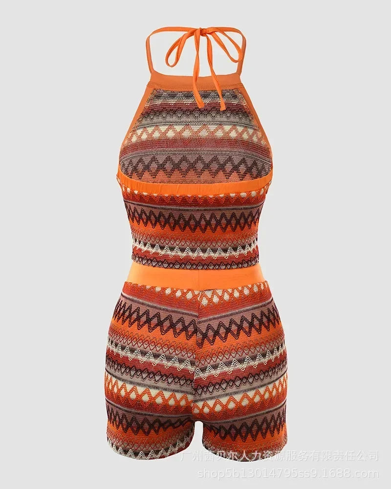 Geometric Pattern Halter Top & Drawstring Shorts Set - Empire P.E