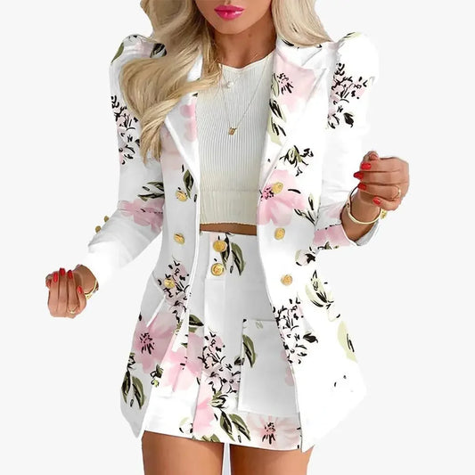 Women's Casual Floral Print Puff Sleeve Blazer Coat & Skirt Two Piece Suit - Empire P.E