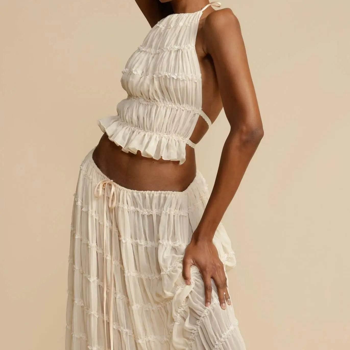 Women Boho Sexy Backless Matching Suit 2 Piece Beach Holiday Outfits Vintage Ruched Halter Cami Tops + Maxi Long Skirt Party - Empire P.E
