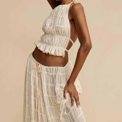 Women Boho Sexy Backless Matching Suit 2 Piece Beach Holiday Outfits Vintage Ruched Halter Cami Tops + Maxi Long Skirt Party - Empire P.E