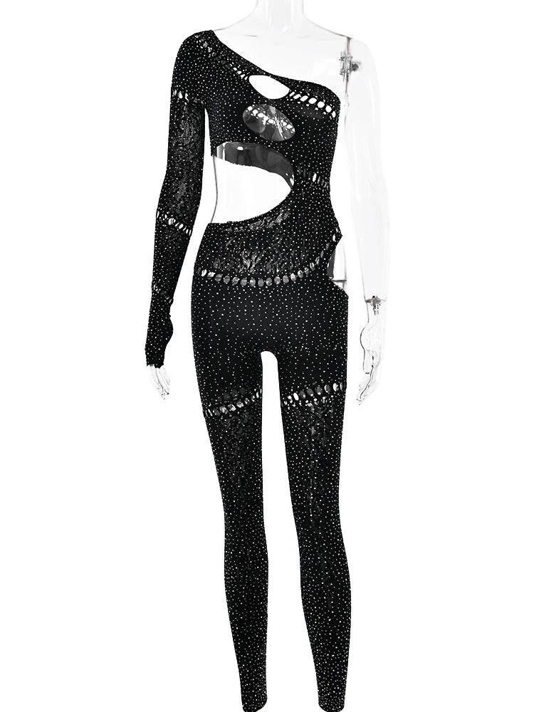Sibybo Sexy Single Rotator Cuff Hollow Out High Elastic Jumpsuit Luminous Rhinestones Solid Color Trousers Spicy Girl Streetwear - Empire P.E