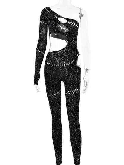 Sibybo Sexy Single Rotator Cuff Hollow Out High Elastic Jumpsuit Luminous Rhinestones Solid Color Trousers Spicy Girl Streetwear - Empire P.E