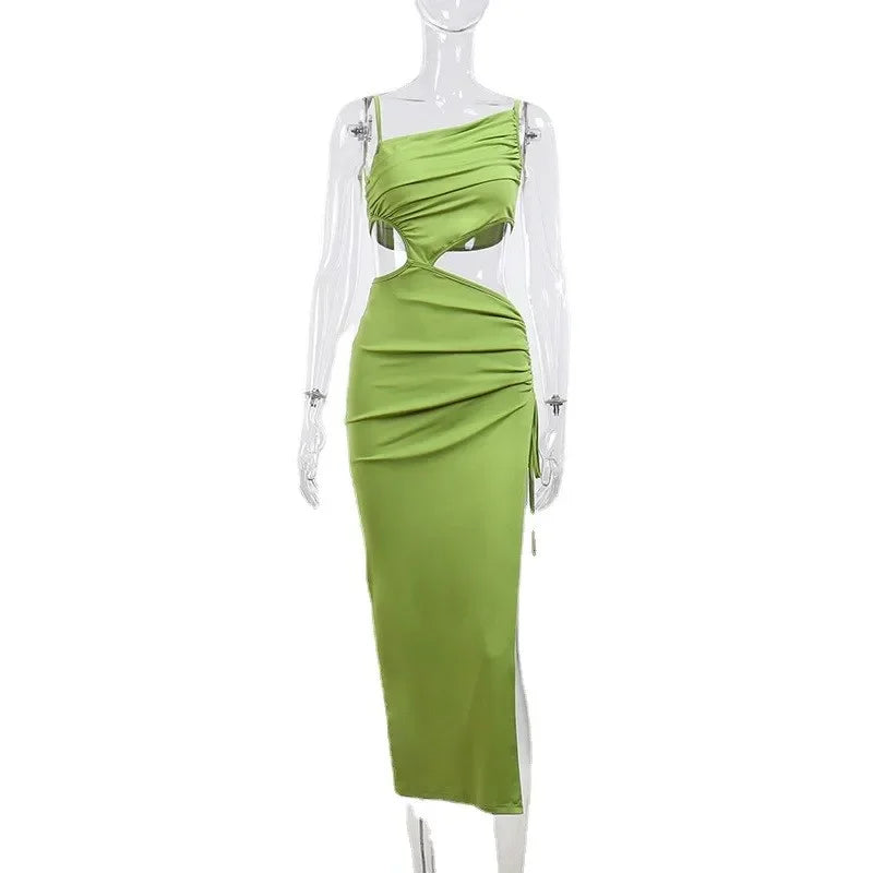 Retro Sexy Pleated Oblique Shoulder Hollow Out - Empire P.E