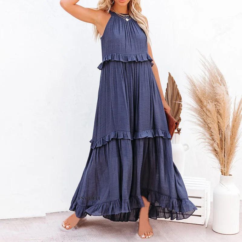 Women Casual Solid Ruffles Long Dress - Empire P.E