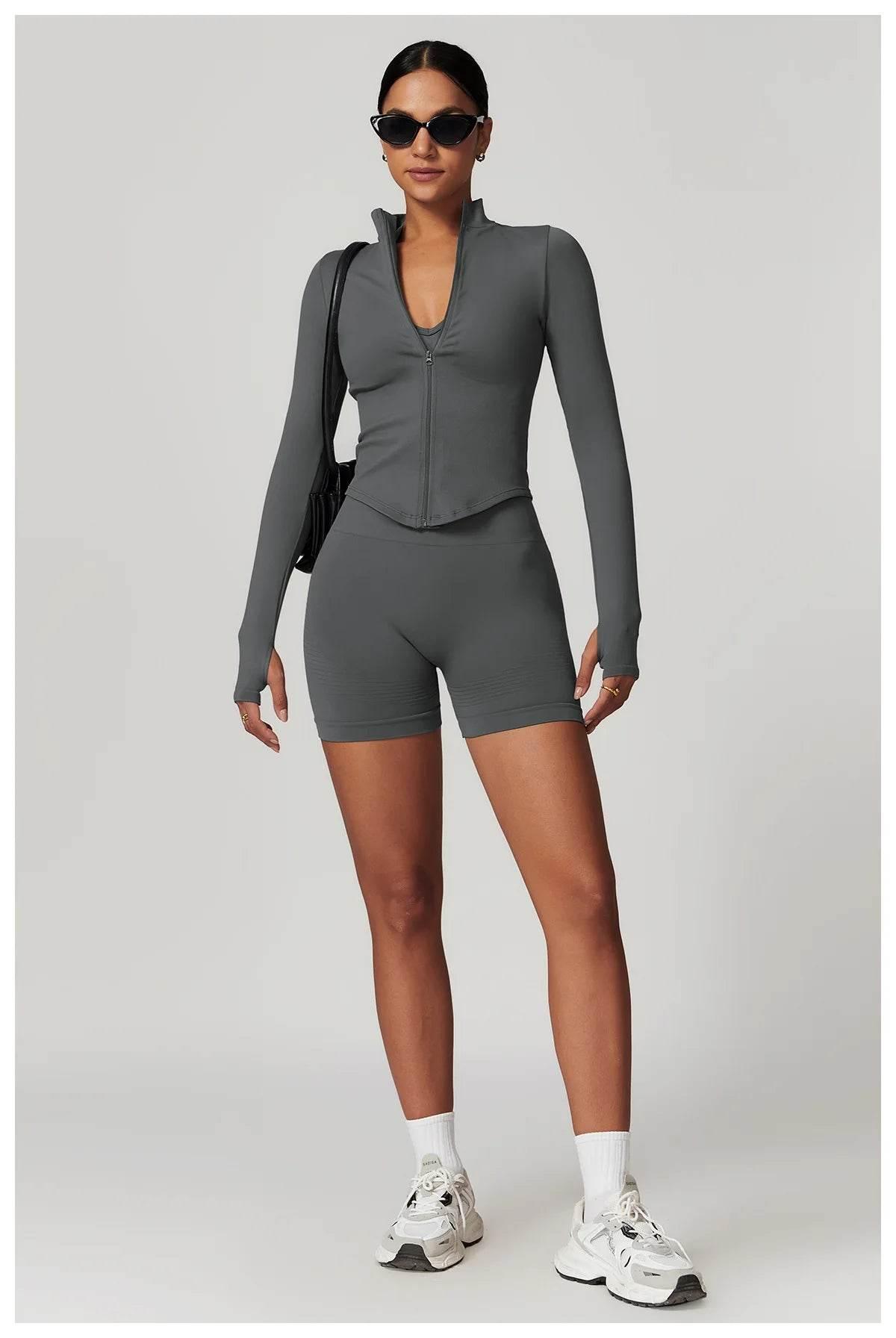 Women Seamless Zipper Jacket Yoga Long Sleeved Gym Top Ribbed Yoga Stand Collar Jacket Running Workout Sport Coat Women's Shirts - Empire P.E