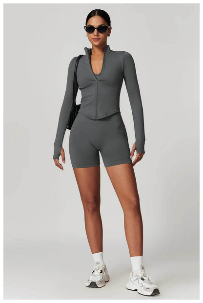 Women Seamless Zipper Jacket Yoga Long Sleeved Gym Top Ribbed Yoga Stand Collar Jacket Running Workout Sport Coat Women's Shirts - Empire P.E
