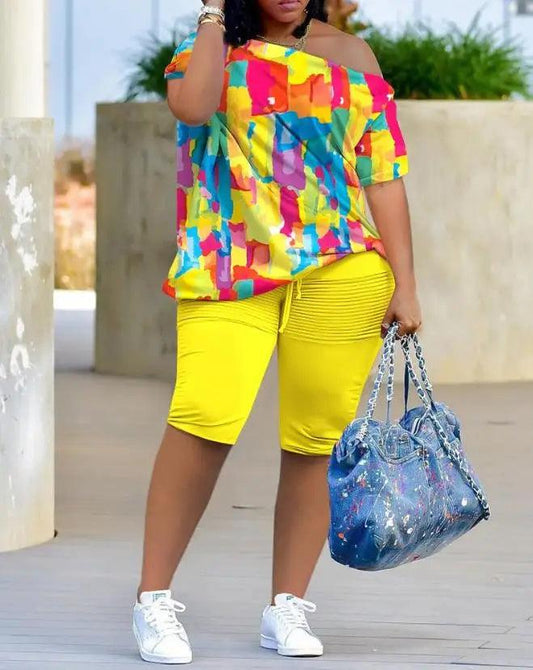 Womens Two Piece Sets Outfit Melting Colors All Over Print Skew Neck Top & Shorts Set New Fashion 2023 Summer Casual Female Suit - Empire P.E