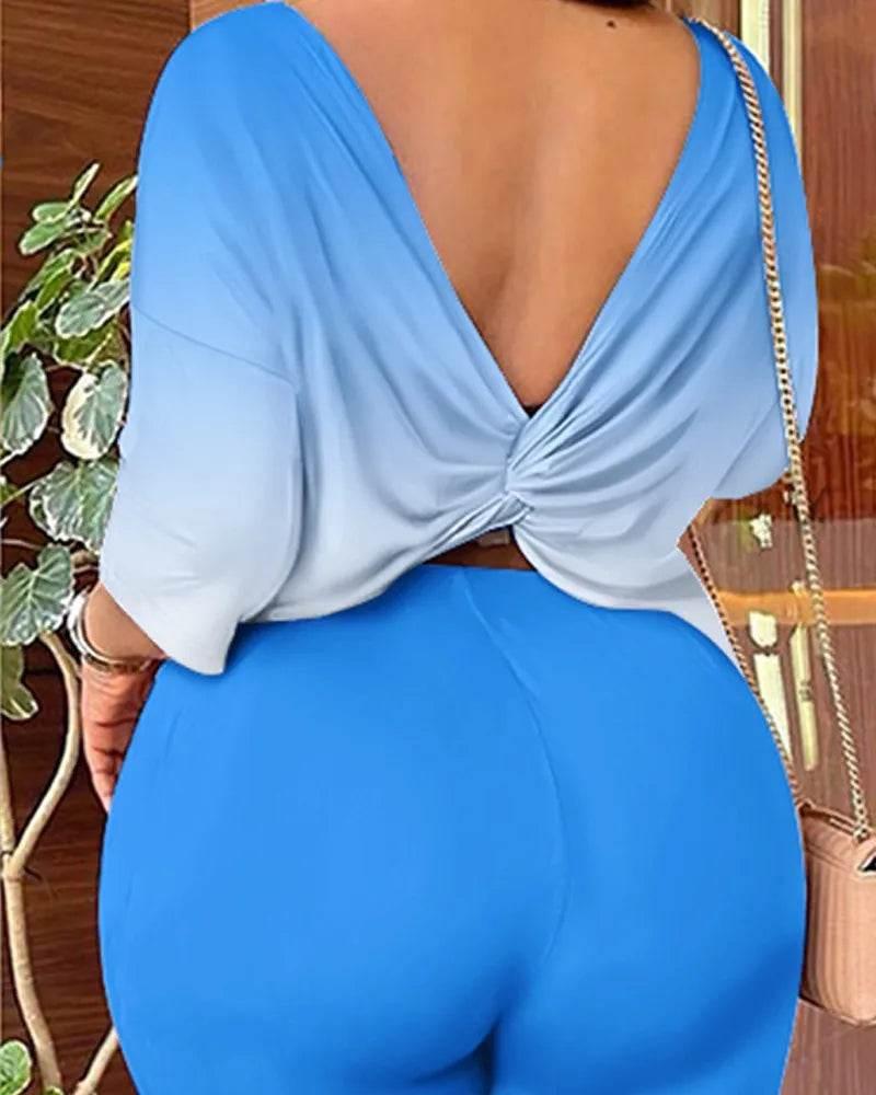 Autumn Women's New Fashion Printed Suit Round Neck Sexy Backless Quarter-sleeved Trousers Casual And Comfortable Two-piece Set - Empire P.E