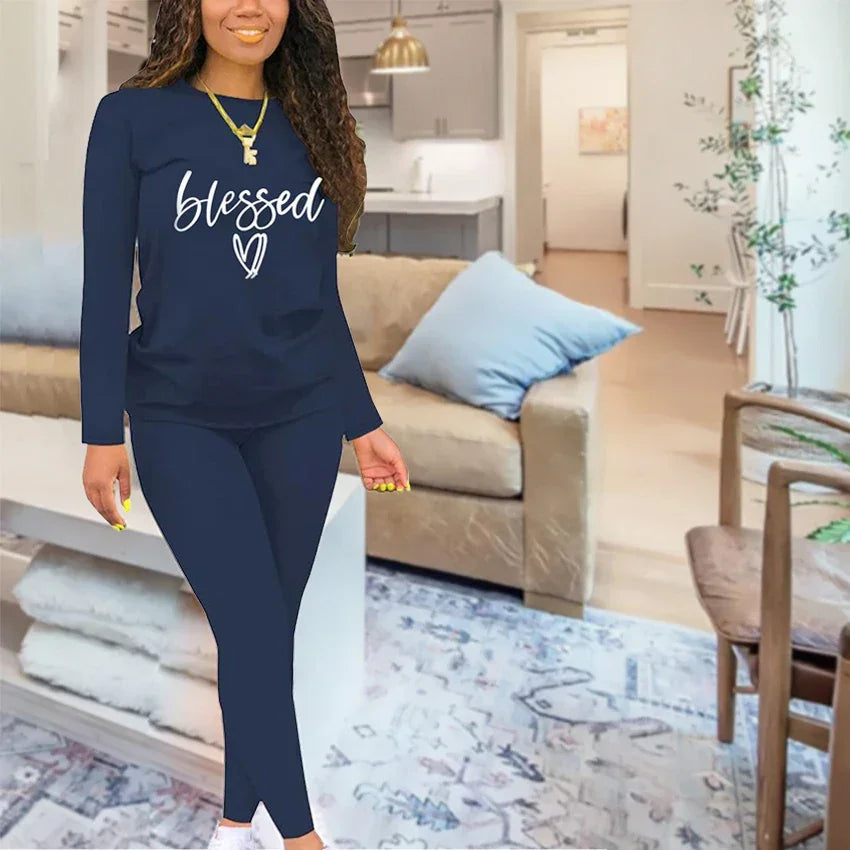 Women's long sleeved round neck blessing printed T-shirt and tight pants - Empire P.E