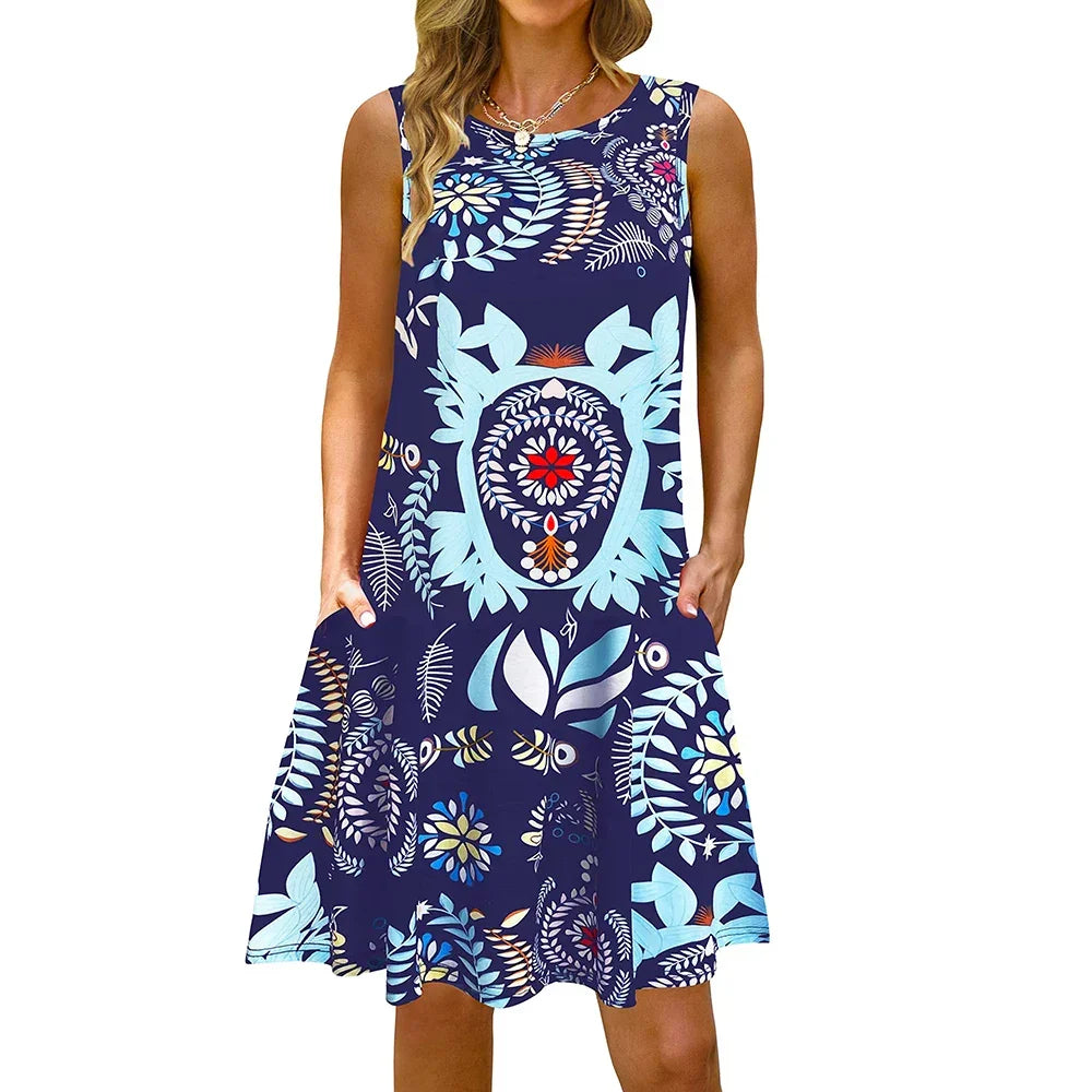 S-5Xl Colorful Printed O Neck Long Dress - Empire P.E