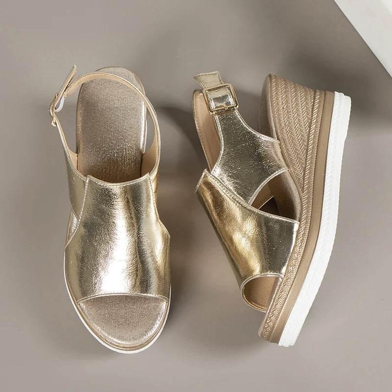2024 Summer Peep Toe Platform Sandles Woman Plus Size Thick Sole Sandalias Mujer Gold Silver PU Leather Wedge Sandals for Women - Empire P.E