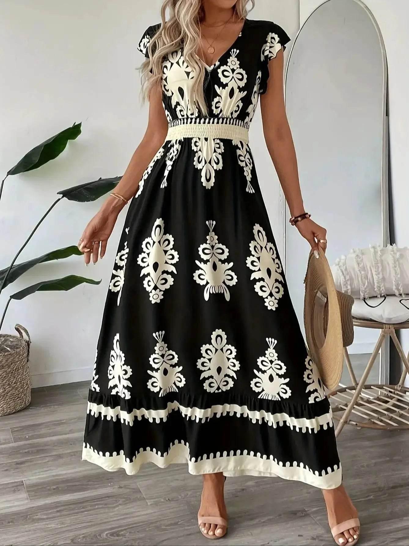 Plus Size Women Elegant V Neck Maxi Dress Geometric Pattern Short Sleeve Pleated Skirt Polyester Casual Outing - Empire P.E