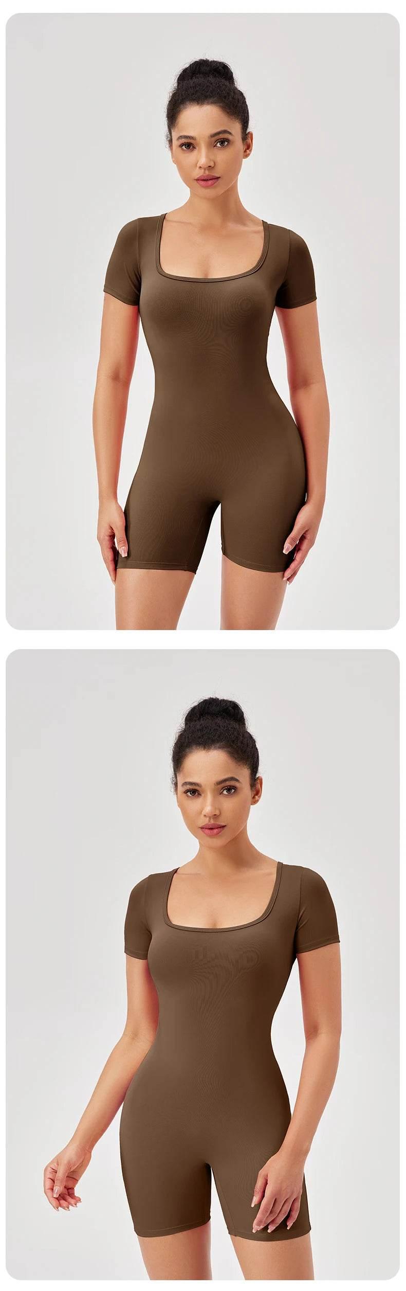 Fashion Women Yoga Suit Short Sleeve Gym Sports Jumpsuit Solid Color Workout Yoga Bodysuit Square Neck Yoga Set Sportswear - Empire P.E