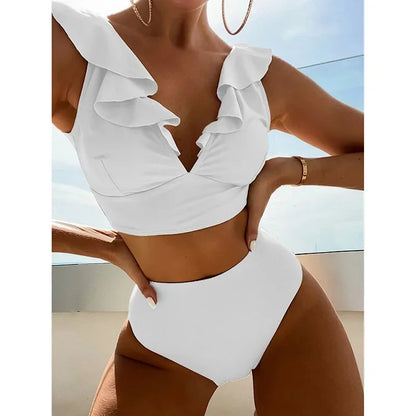 Riseado High Waist Bikinis Set Ruffle Shoulder Sexy Plunging Swimwear Women Bathing Suit Summer Beachwear - Empire P.E