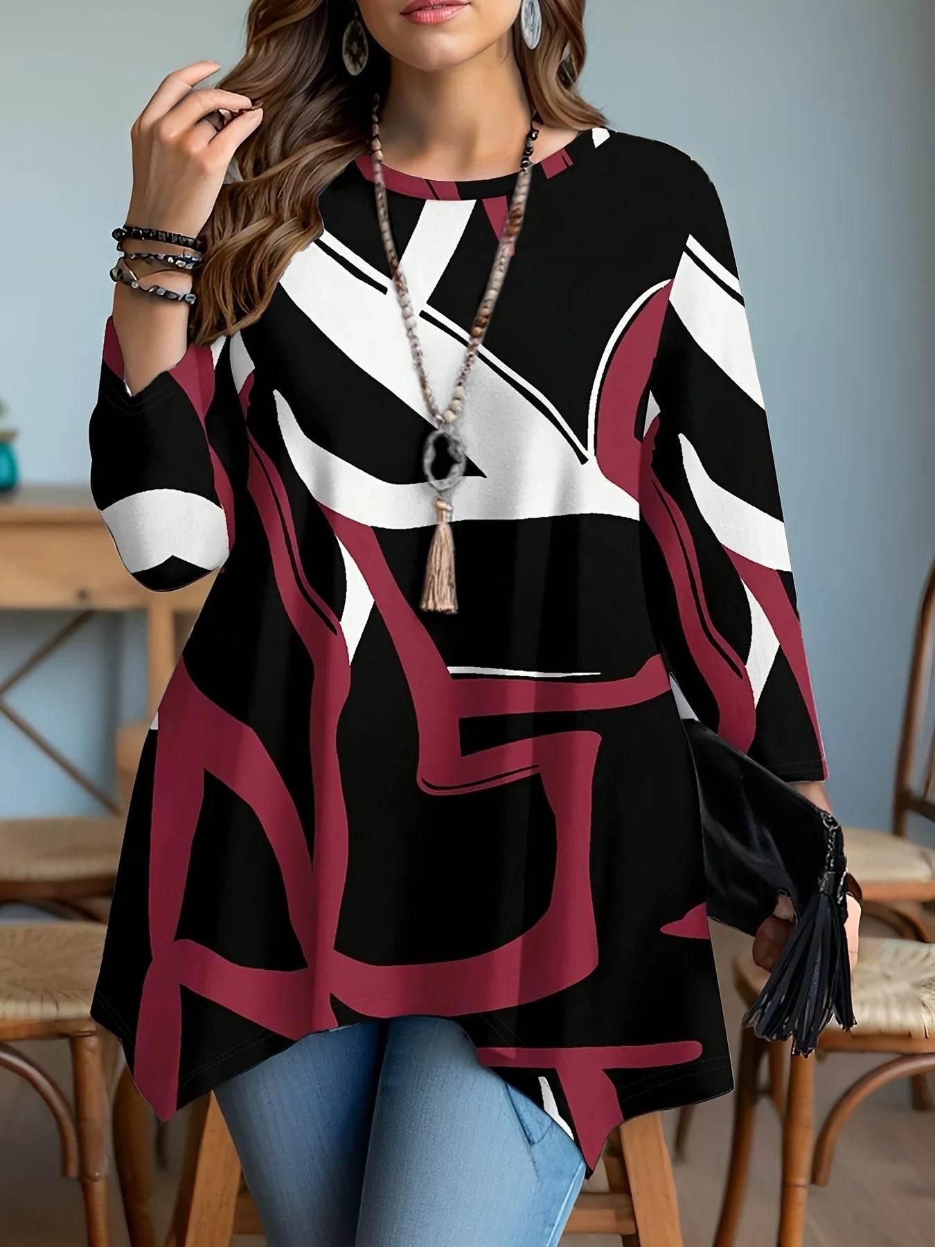 Plus Size Long Sleeve Abstract Print Tunic Top for Women with Asymmetrical Hemline - Empire P.E
