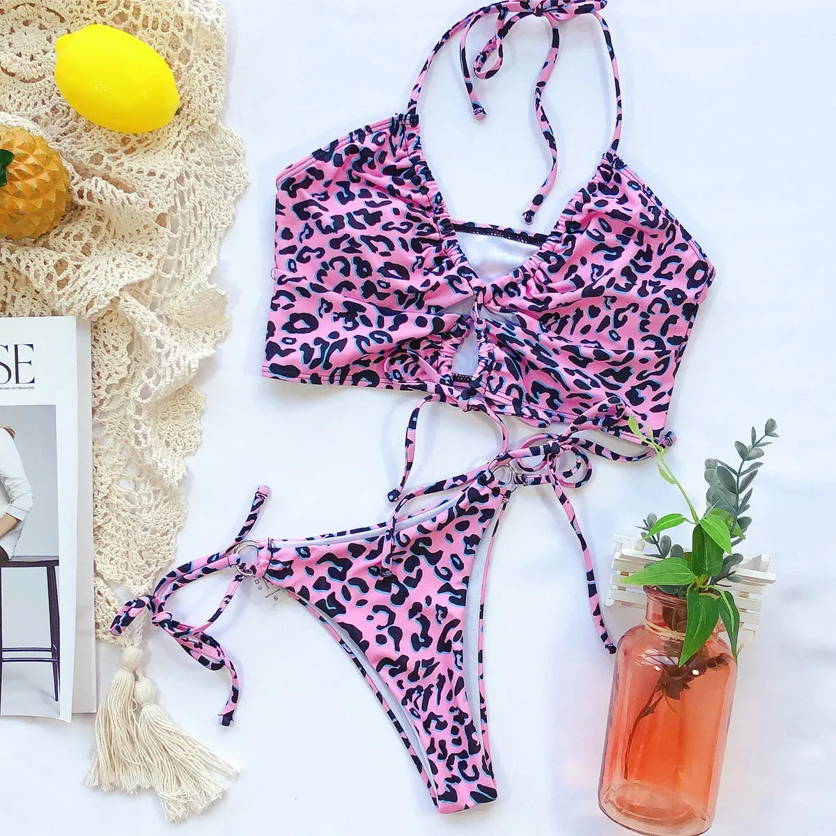 Sexy  Leopard Push Up Drawstring Bikini Set