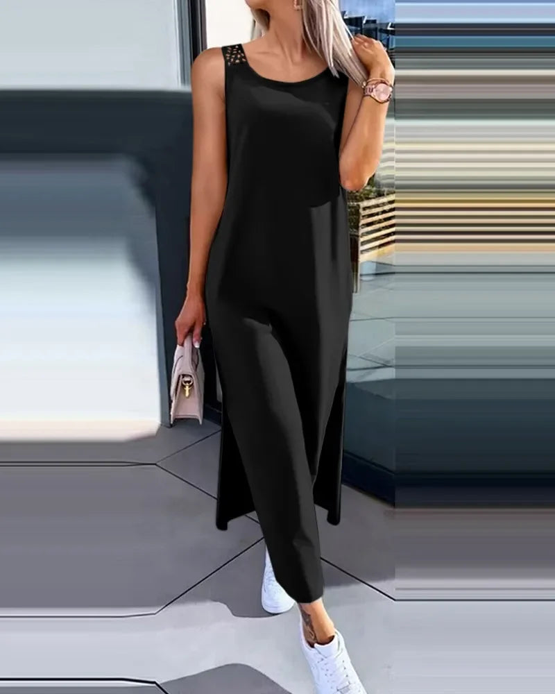 Hollow Out Solid Long Dress Women Fashion Sleeveless - Empire P.E