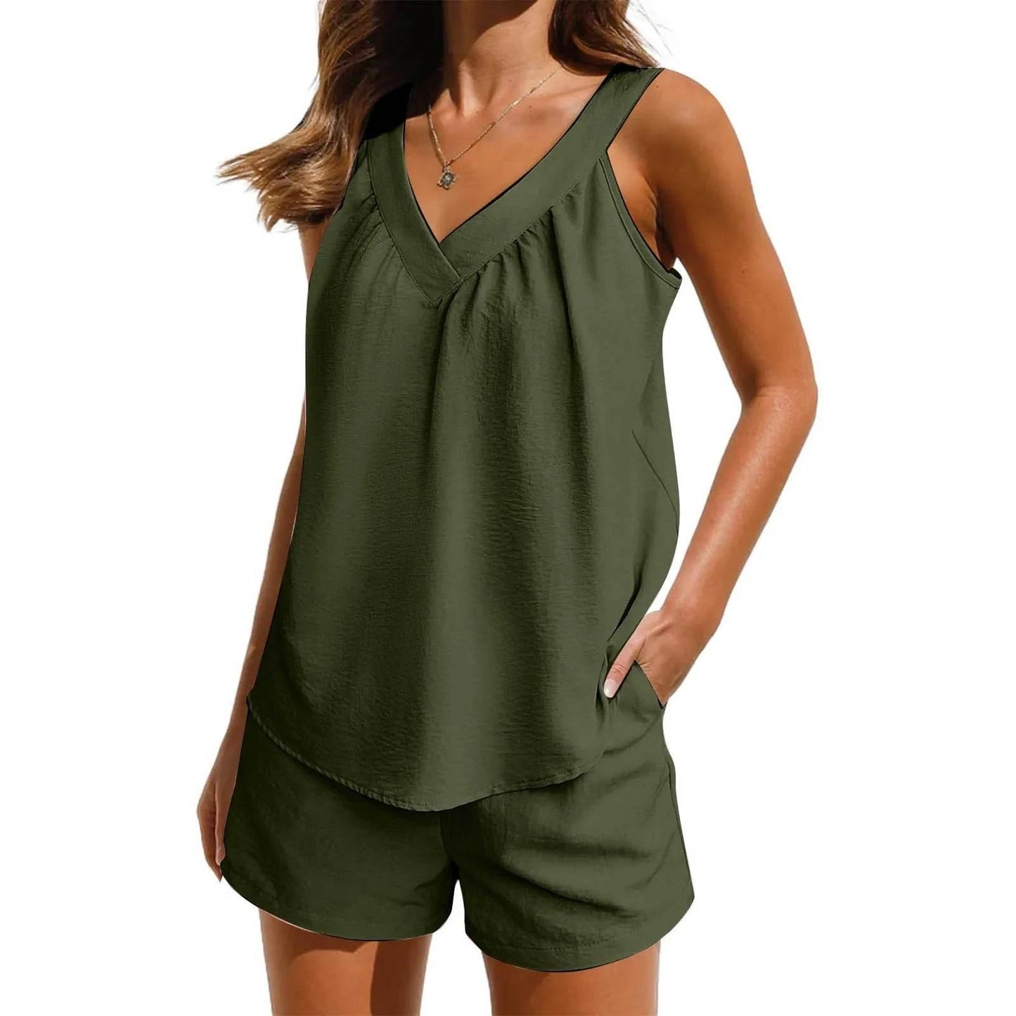 Women'S Summer Casual Suit New Urban Casual Women'S Solid Color Sleeveless Vest Elastic Shorts Home Clothes Two-Piece Set - Empire P.E