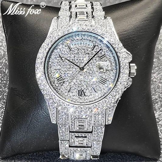 Luxury Shiny Diamond Watch For Men Hip Hop Trendy Iced Out Quartz Watches High Quality Stainless Steel Waterproof Day Date Clock - Empire P.E