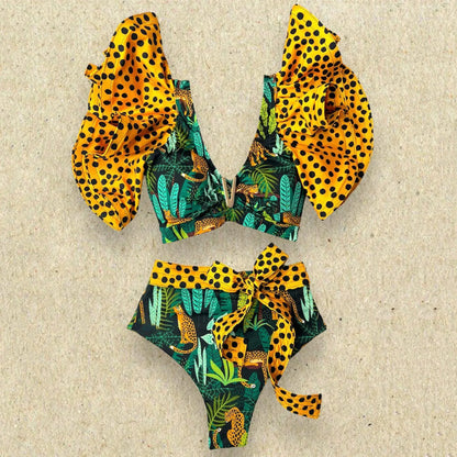 Two-Pieces Women Floral 2025 Push-Up Padded Bra Ruffles Bandage Bikini Set