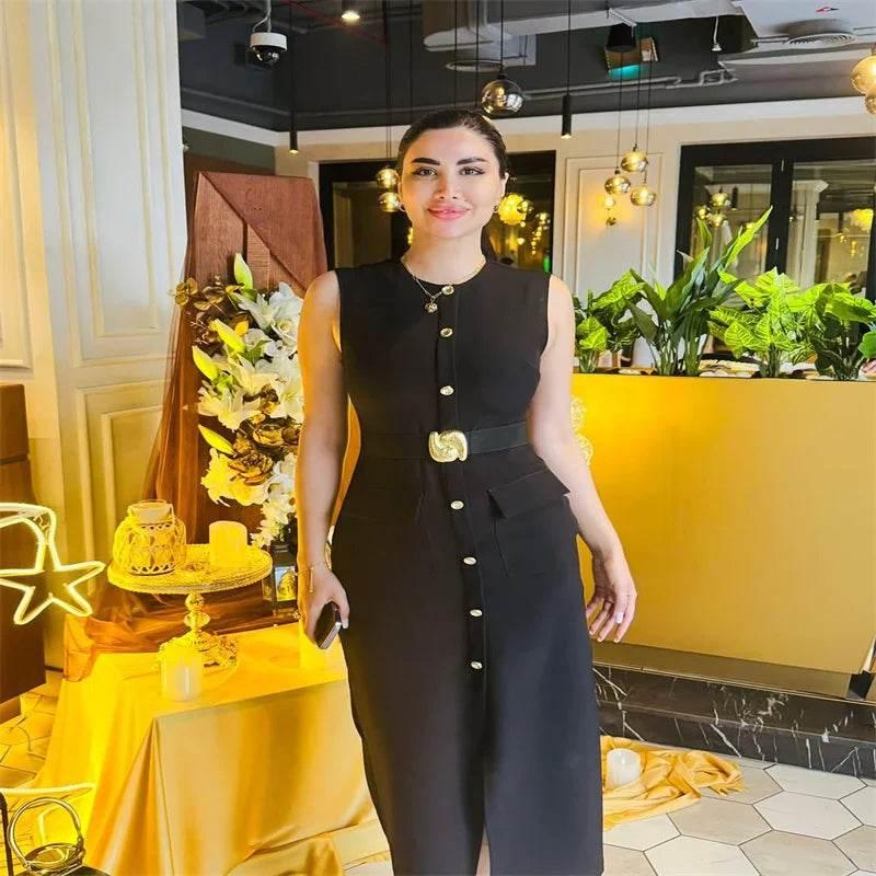 Black Long Dress Women With Belt Elegant Slim Single Breasted Sleeveless Front Split Dresses Female 2025 New Summer Lady Vestido - Empire P.E