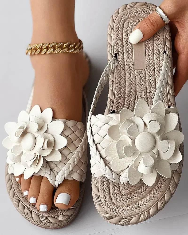 Slippers Women Ombre Floral Pattern Braided Casual Shoes Vacation Flat Holographic Braided Floral Pattern Toe Beach Flip Flops - Empire P.E