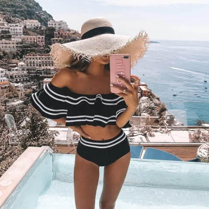 Black striped women bikini set two pieces sexy off shoulder ruffles high waist bathing suits summer beach swimsuits - Empire P.E