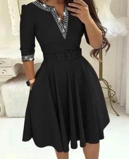 Dress for Women Streetwear 2023 Autumn and Winter Elegant Waist Wrapped Mid Long Sleeve Solid V-Neck Fashion Dresses with Belt - Empire P.E