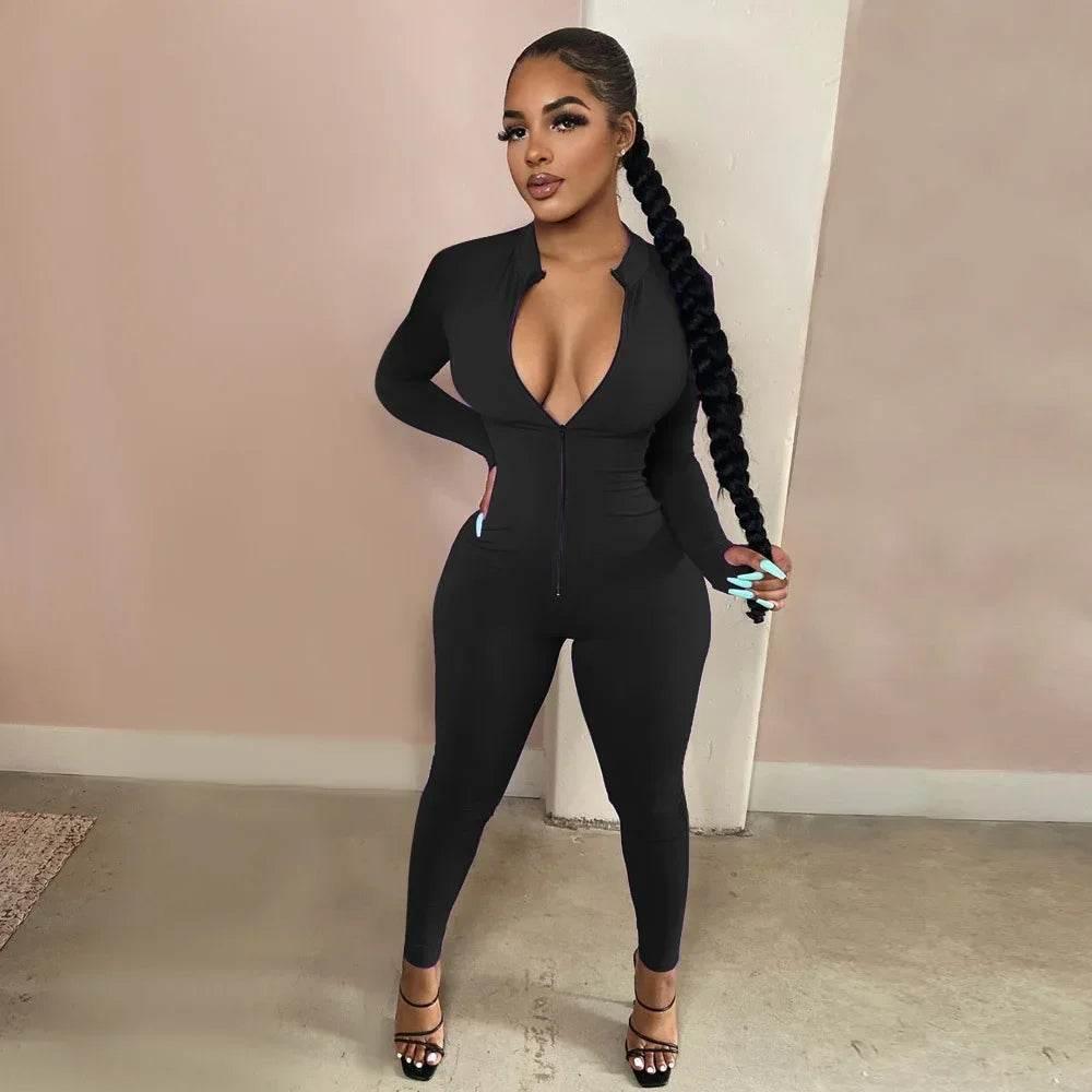Sexy Solid Color Long Sleeve Deep V Bodycon Rompers Womens Jumpsuit Sport Suit Fashion Zip Up Long Pants Overalls Fitness Set - Empire P.E