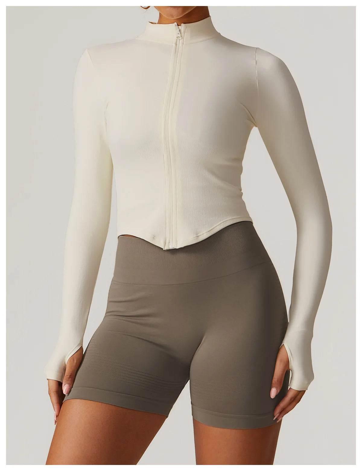 Women Seamless Zipper Jacket Yoga Long Sleeved Gym Top Ribbed Yoga Stand Collar Jacket Running Workout Sport Coat Women's Shirts - Empire P.E