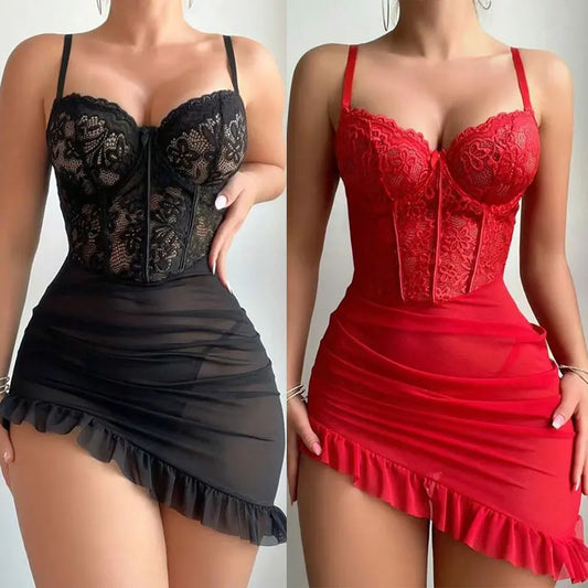 Transparent Underwire Bra Erotic Set Sexy Fairy Lingerie Women's See Through Lace Nightdress Pajamas Sets Delicate Sexy Nighty - Empire P.E