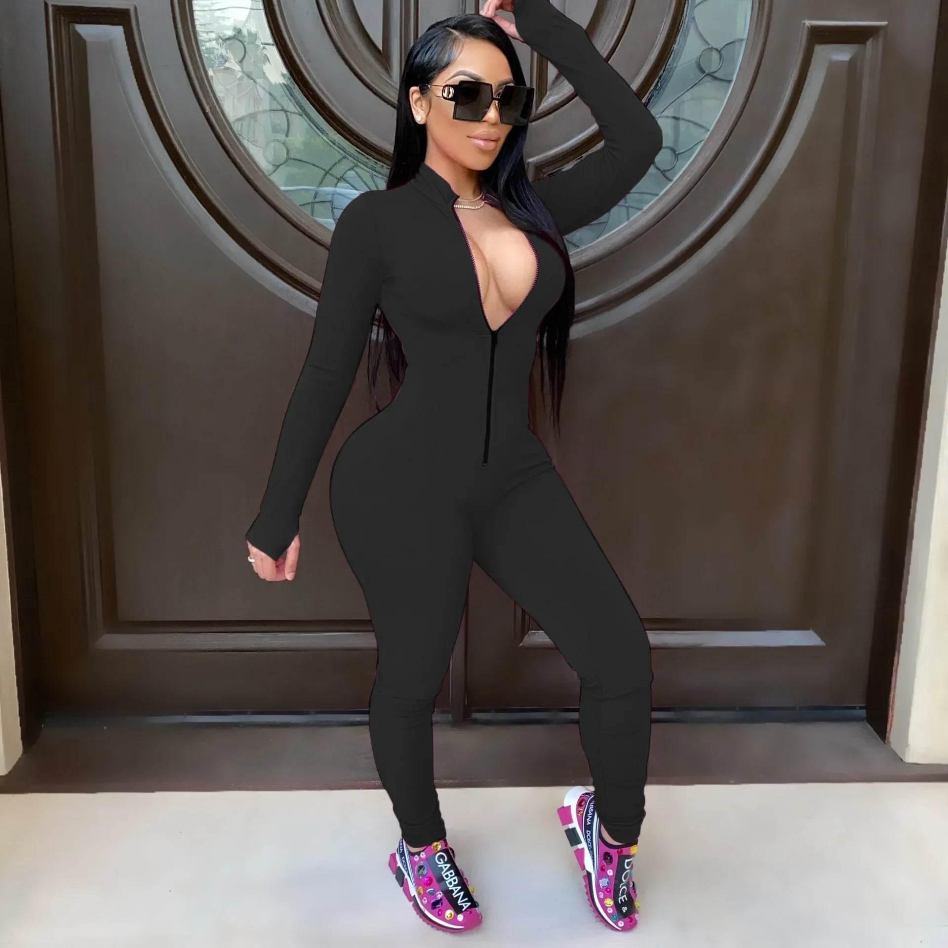 Sexy Solid Color Long Sleeve Deep V Bodycon Rompers Womens Jumpsuit Sport Suit Fashion Zip Up Long Pants Overalls Fitness Set - Empire P.E