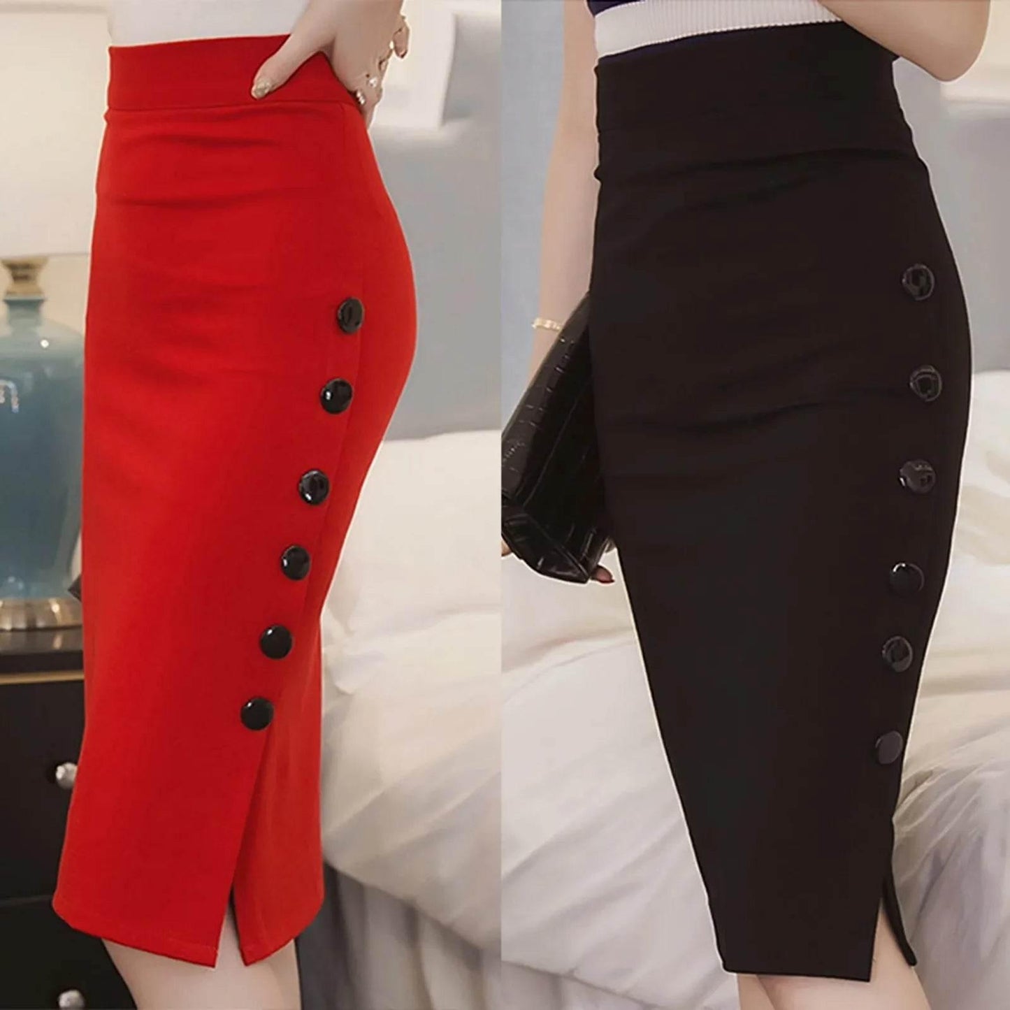 Women’s Black And Red Color Sexy Slim Fit High Waist Dress With Buttons Ladies High Street Fashion Hip Wrap Pencil Half Skirt - Empire P.E