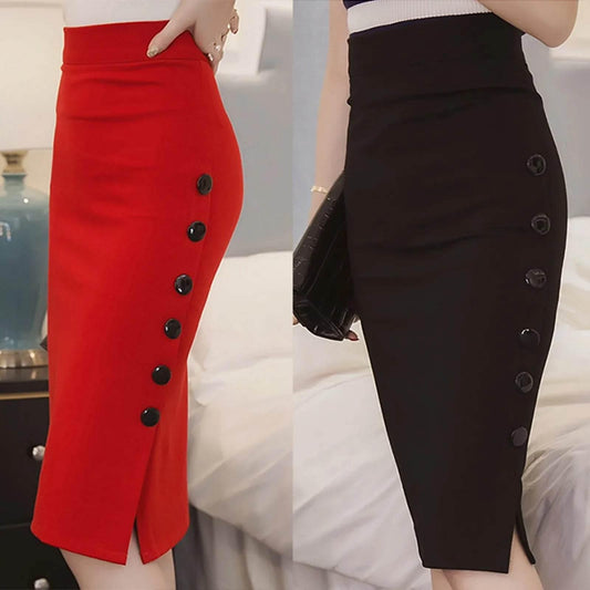 Women’s Black And Red Color Sexy Slim Fit High Waist Dress With Buttons Ladies High Street Fashion Hip Wrap Pencil Half Skirt - Empire P.E