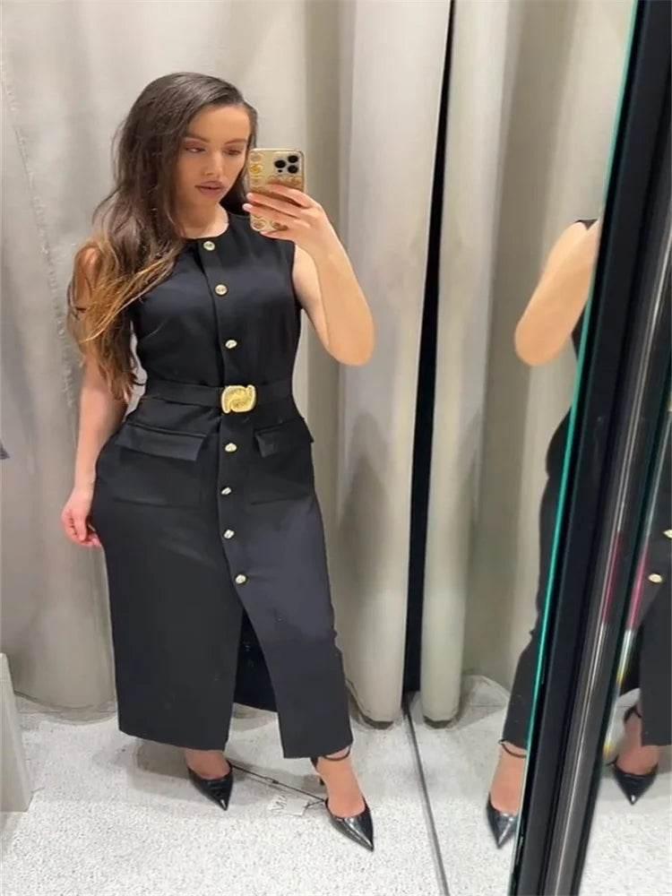 Black Long Dress Women With Belt Elegant Slim Single Breasted Sleeveless Front Split Dresses Female 2025 New Summer Lady Vestido - Empire P.E