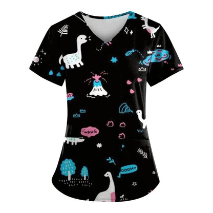 Print Ladies Nurse Uniform Short Sleeve V-Neck Scrub Tops - Empire P.E