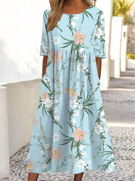 2024 women's fashion loose floral print round neck short sleeve pocket dress - Empire P.E