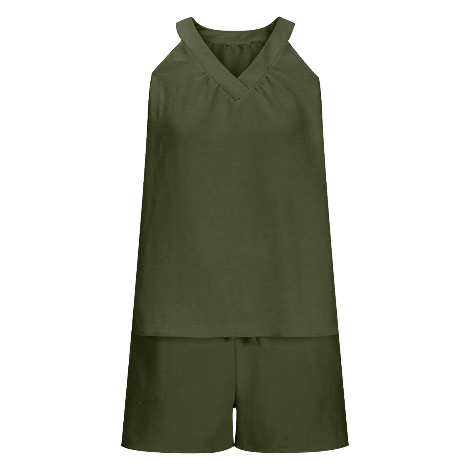 Women'S Summer Casual Suit New Urban Casual Women'S Solid Color Sleeveless Vest Elastic Shorts Home Clothes Two-Piece Set - Empire P.E