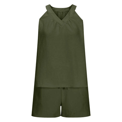 Women'S Summer Casual Suit New Urban Casual Women'S Solid Color Sleeveless Vest Elastic Shorts Home Clothes Two-Piece Set - Empire P.E