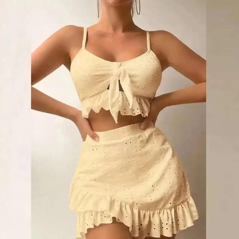 2025 New Solid Lace Sexy Three Piece Bikini Swimsuit