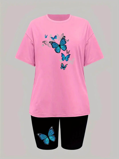 Conjuntos Para Mujeres 2 Piezas Women's Butterfly Printed Two-piece Set, Short Sleeved T-shirt, Round Neck, Shorts, Summer - Empire P.E