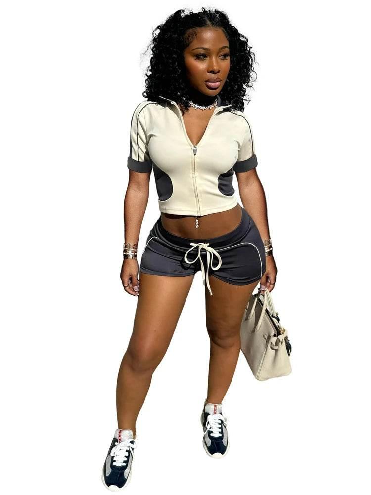 Women Sets Outfit Summer Streetwear Panelled Two Tone Slim Sports Short Sleeve Shorts Suits Zip Crop Tops Casual 2 Two Piece Set - Empire P.E
