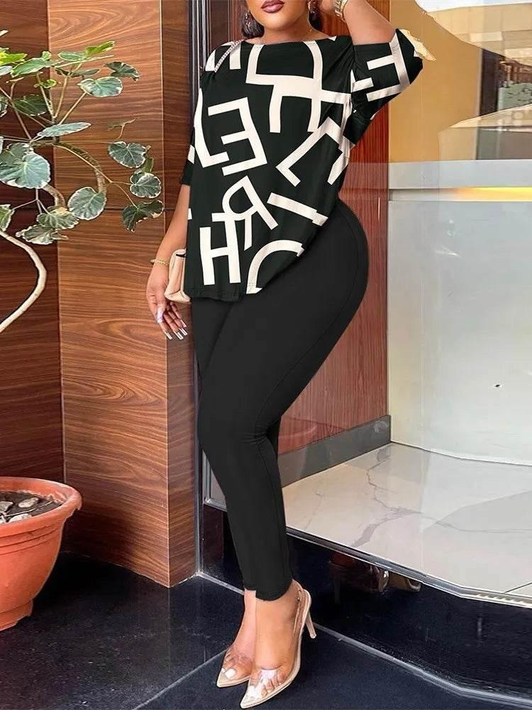 Autumn Women's New Fashion Printed Suit Round Neck Sexy Backless Quarter-sleeved Trousers Casual And Comfortable Two-piece Set - Empire P.E